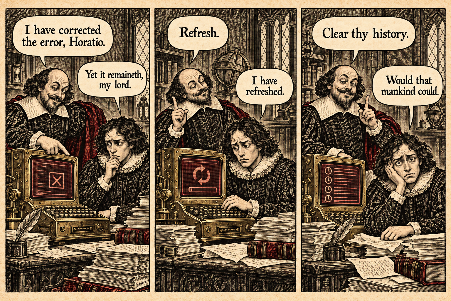 Shakespeare and Horatio discover that the fuckery hath cached itself.