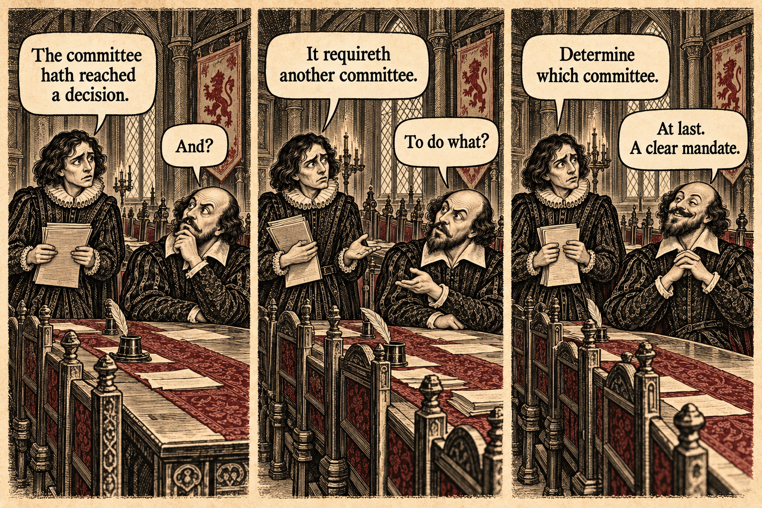 Three-panel engraving: Horatio and Shakespeare learn that a committee needs another committee to determine which committee.