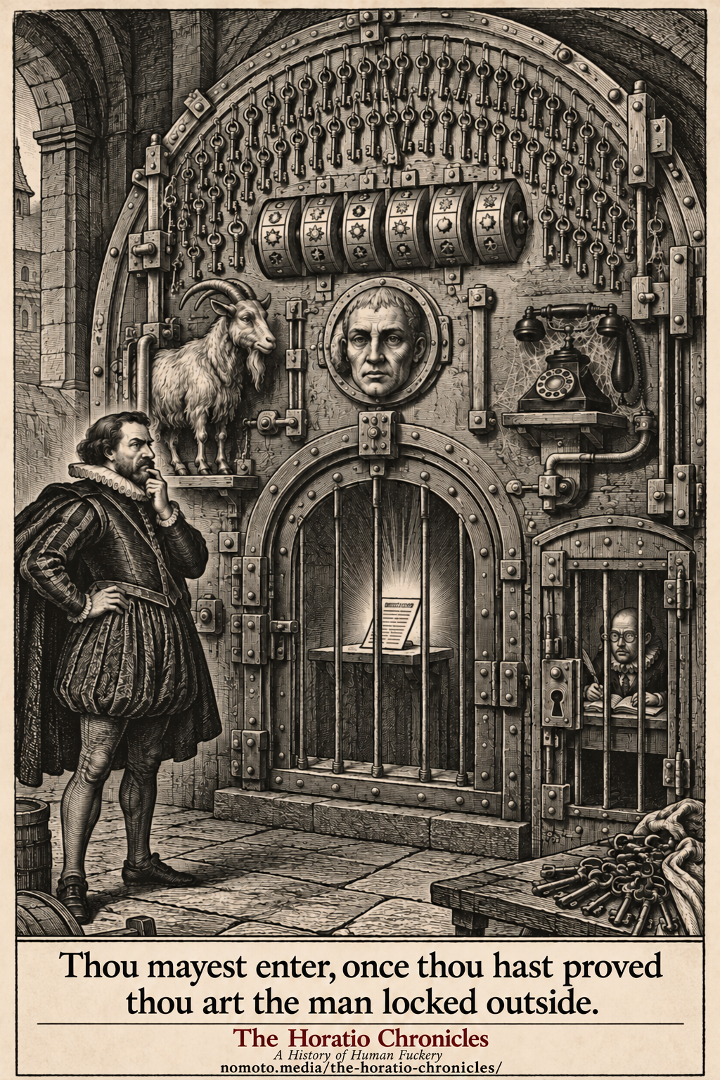 An Elizabethan man faces an absurd fortress door covered with locks, keys, combination wheels, a goat and a telephone.