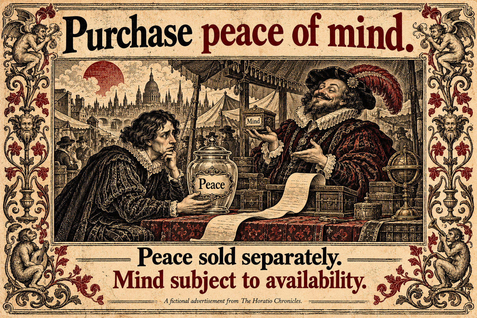 Fictional antique advertisement: a merchant sells an empty jar of peace and a separate box of mind to a worried Elizabethan customer.