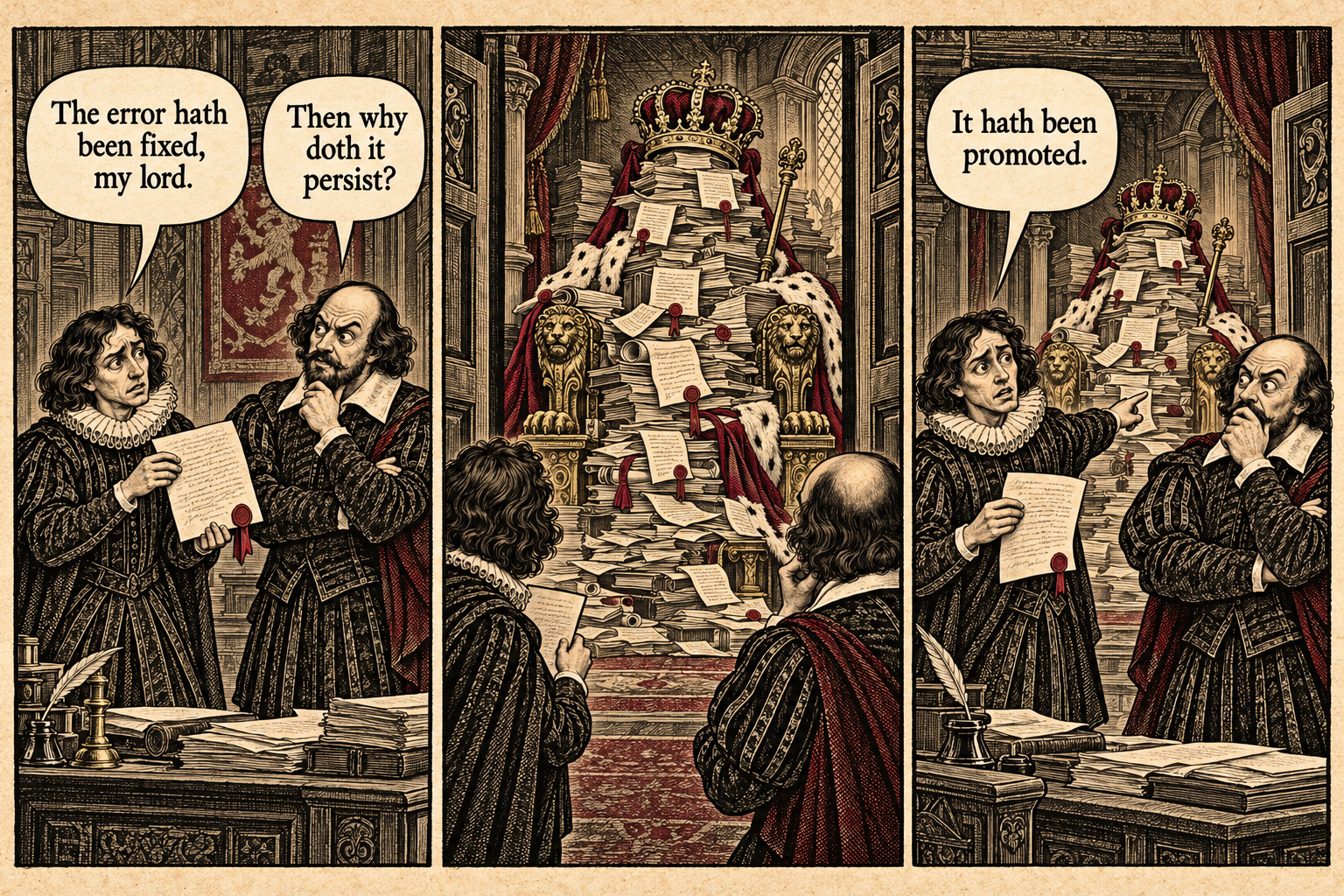 Three-panel engraving: Horatio reports a fixed error. A huge pile of erroneous documents sits crowned upon a throne. The error has been promoted.